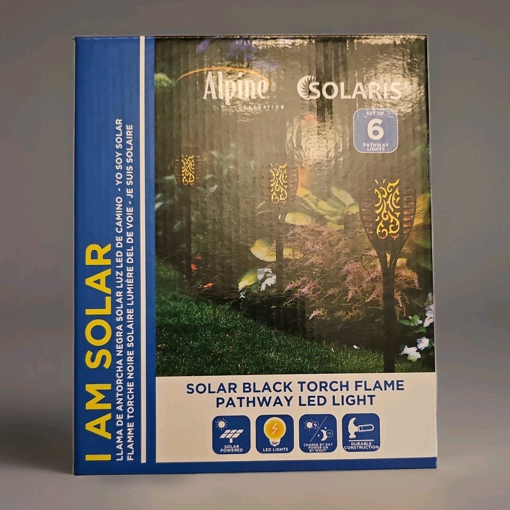 (6-Pk) Solaris Powered LED Torch Stakes Solar Pathway Light Black QMC250SLR-6